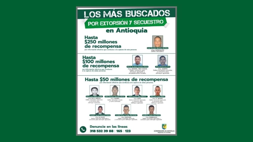 Antioquia: Presentaron cartel de los más buscados por extorsión y Secuestro