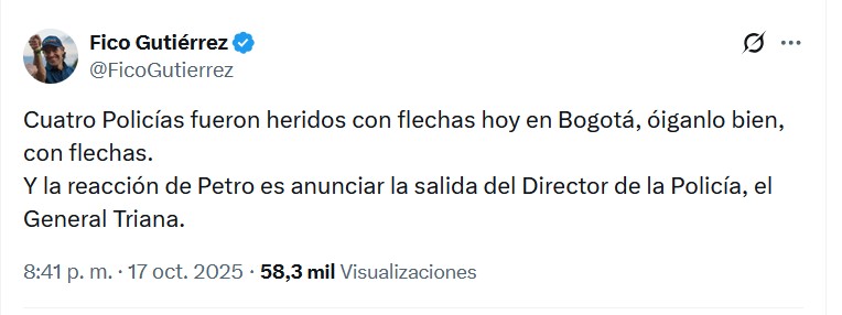 Fico Gutiérrez explota: «cuatro policías heridos con flechas» y Petro responde con salida de General de la Policía